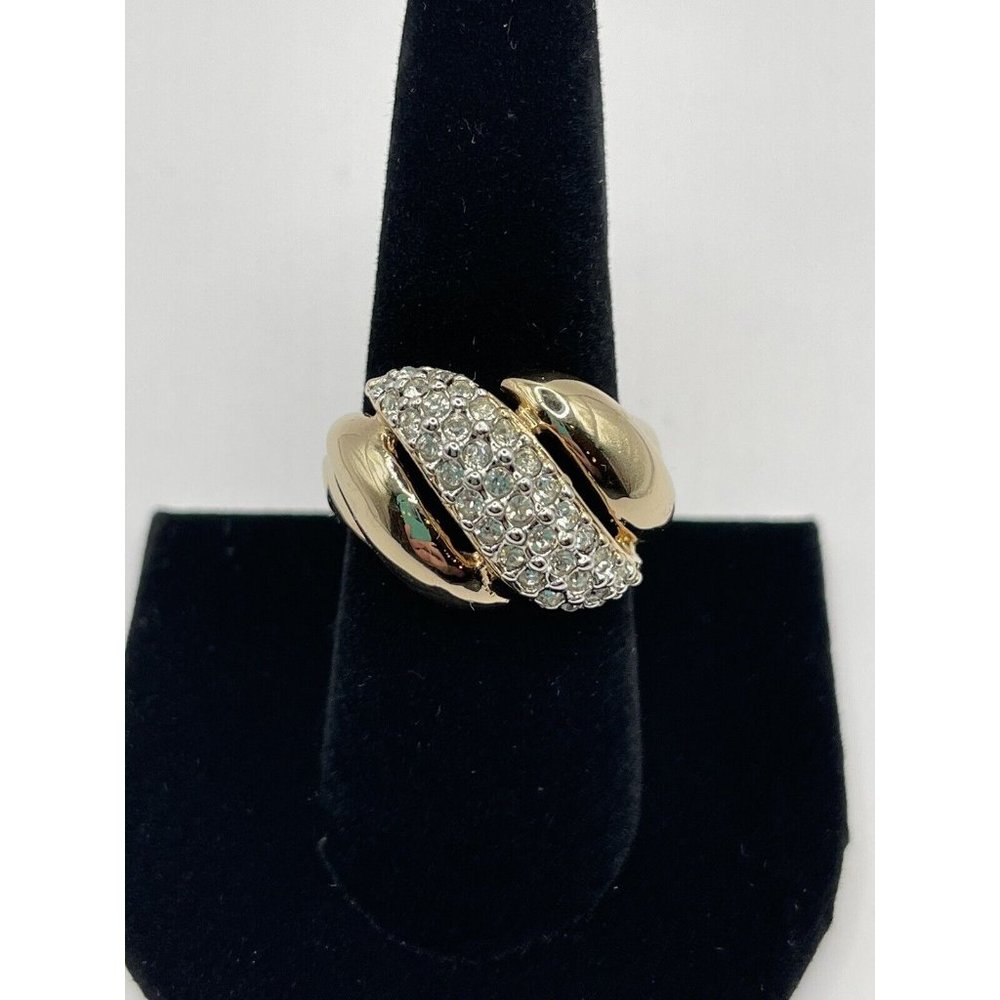 18k GF gold tone clear rhinestone statement ring Size 8